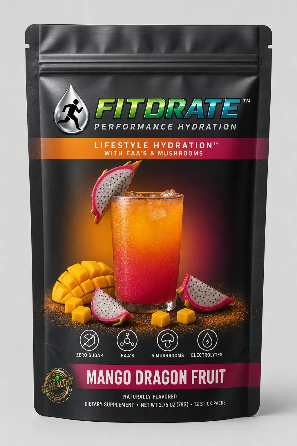 FitDrate™ Mango Dragon Fruit resealable 12-stick hydration bag
