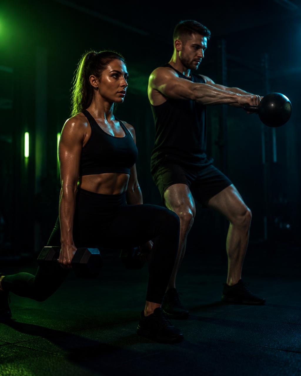 Woman and man training with weights in a dark gym lit with neon green and teal light — FitDrate™ performance hydration in action