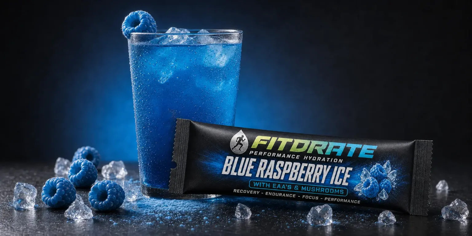FitDrate™ Blue Raspberry Ice mixed in a glass over ice with fresh raspberries, next to its stick pack