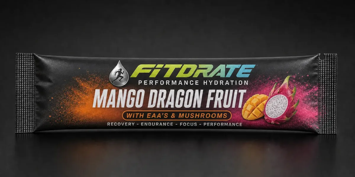 FitDrate™ Mango Dragon Fruit single-serve electrolyte stick pack — zero sugar, EAAs, 6 functional mushrooms